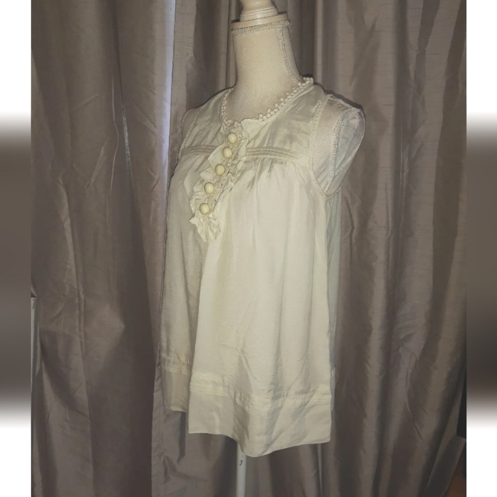 Cream Sleeveless Coquette Blouse NEXT UK 10 Broderie Anglaise Trim Ball Buttons. - Picture 1 of 11